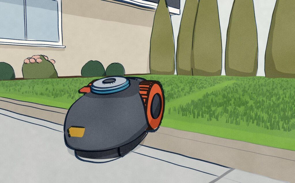 On the front lawn, a clean narrow lane runs along the kerb above the driveway, but on a diagonal run the Segway Navimow has gone over the kerb, nose down on the concrete, its gold front camera over the drop.