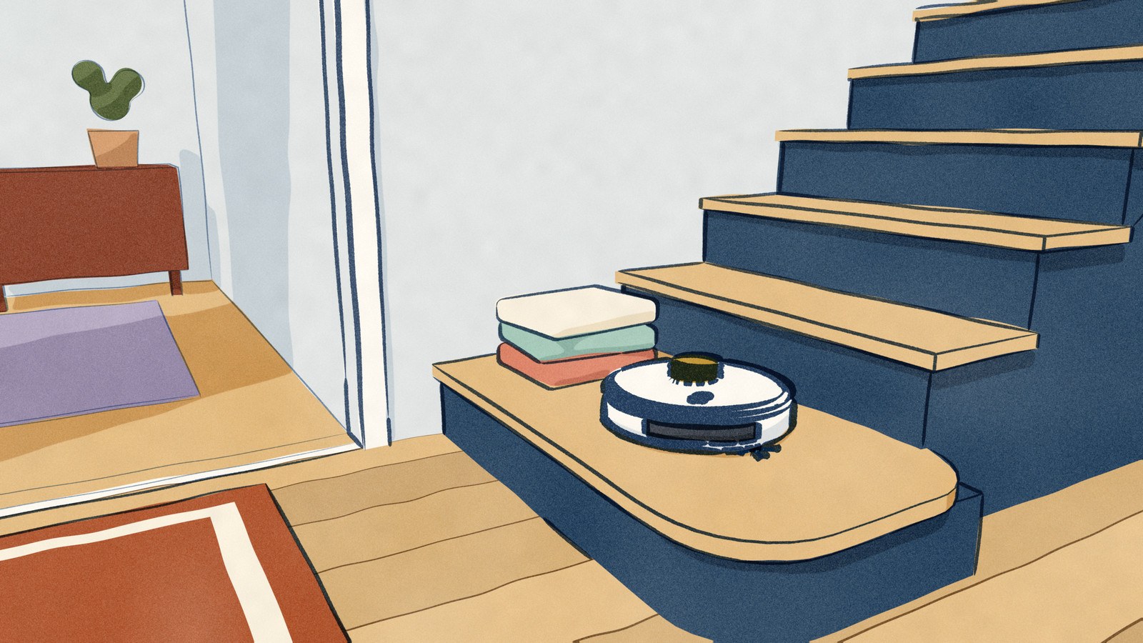 In a front hall, a white Dreame robot vacuum has been set down on the bottom stair beside a stack of folded towels, waiting to be carried up the flight to the next floor.
