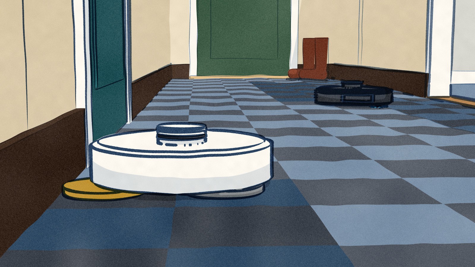 Seen low from behind in a tiled entrance hall, a white Dreame X50 Ultra mops up along the wall toward the front door with one mop pad swung out from under it to the skirting, its wet lane dark on the tiles behind it, while a black Roborock S8 MaxV Ultra mops back toward the lens further down the hall.