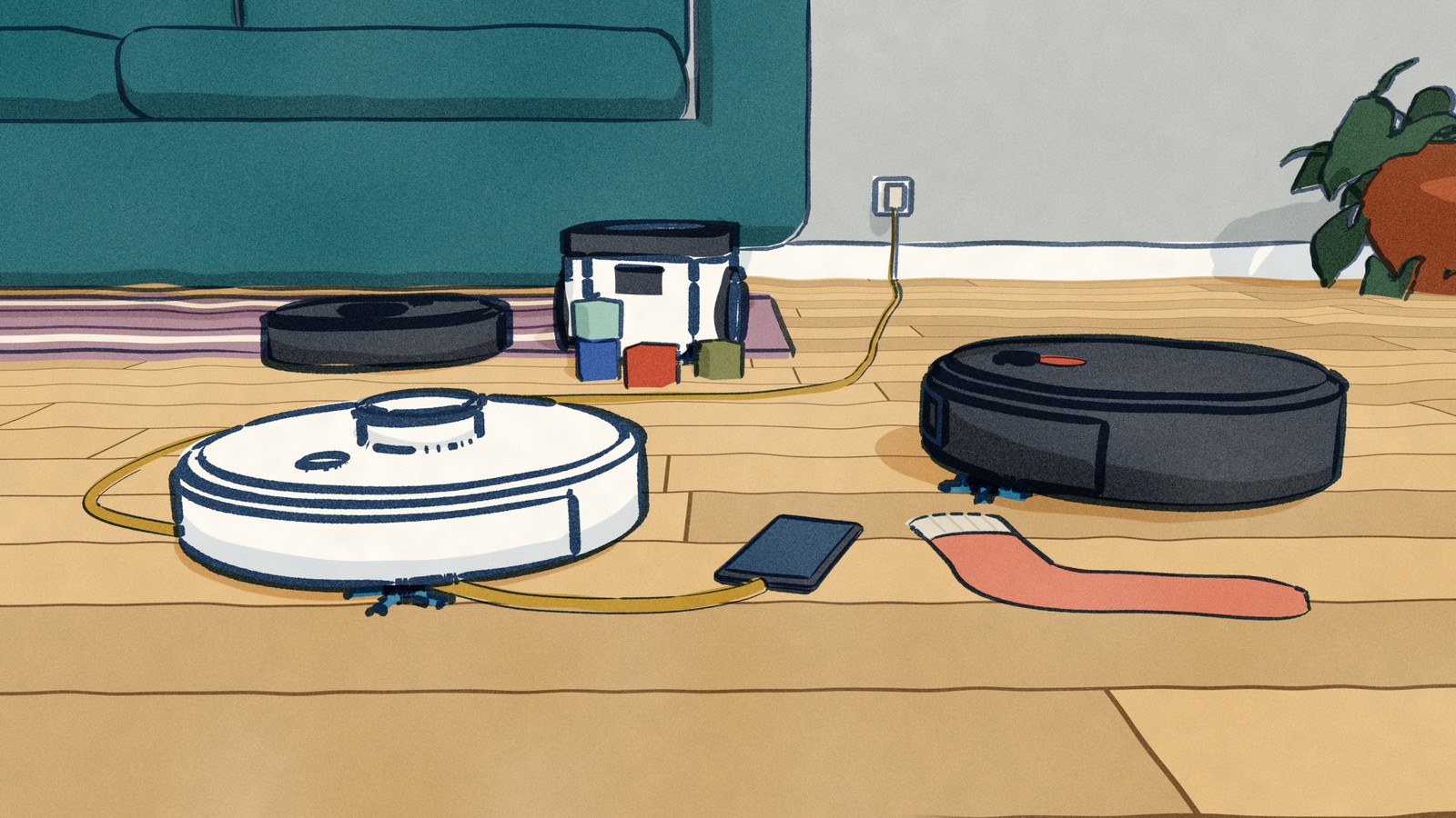 Four robot vacuums on a cluttered family-room floor: a white one drives over a phone cable, a black one turns aside at a dropped sock, a flat black one runs along the cable, and a tall white one comes up to some toy blocks.
