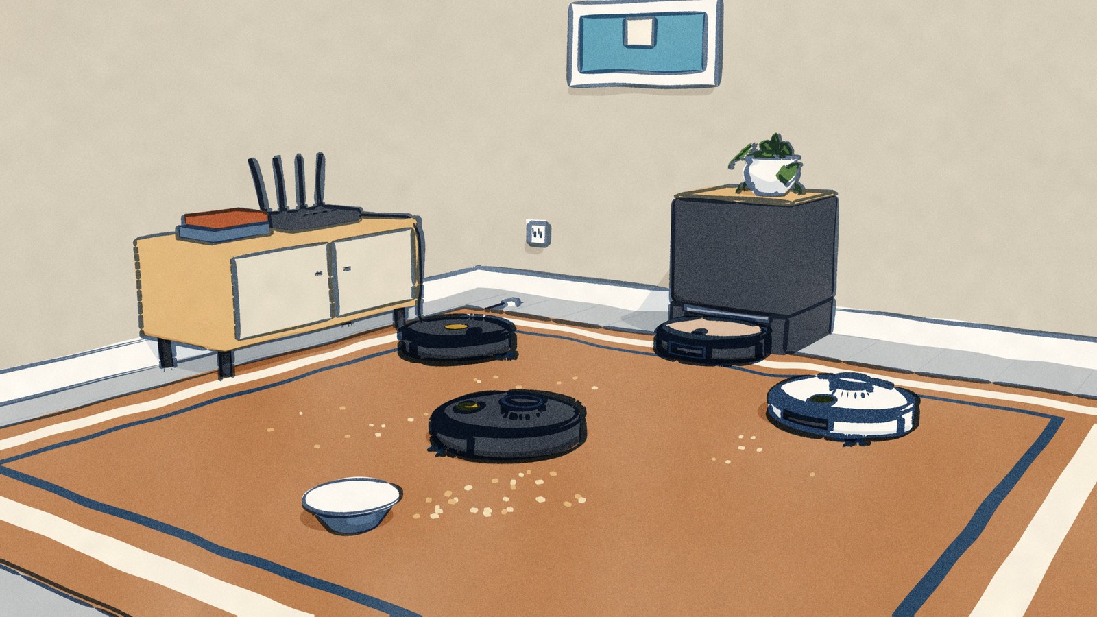 A living room with the router unplugged, its plug on the floor below an empty socket, while three robot vacuums clean crumbs from the rug, and a fourth robot sits in its dock by the wall.