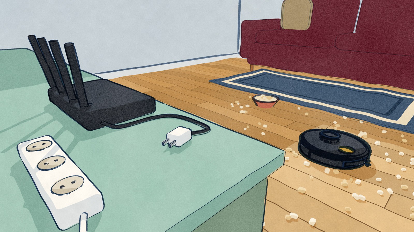 Seen from the TV console beside a dark home router whose plug lies pulled from the power strip, the black Roborock S8 MaxV Ultra cleans up popcorn spilled across the living-room boards.