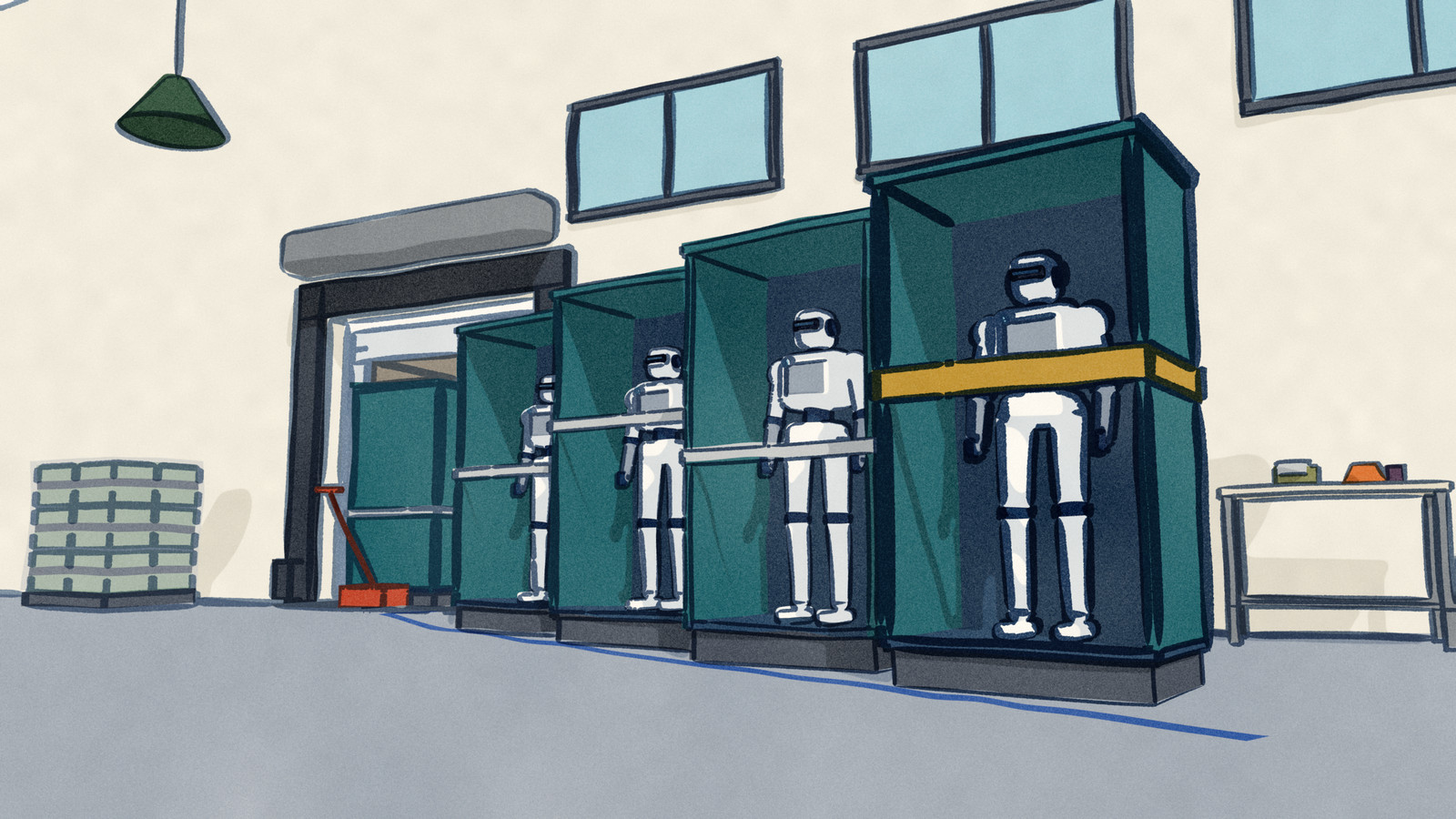 Home humanoid robots stand strapped inside open shipping crates in a line across a dispatch hall, the first crate going into a van at the loading door and the last, nearest us, bound with a gold strap.