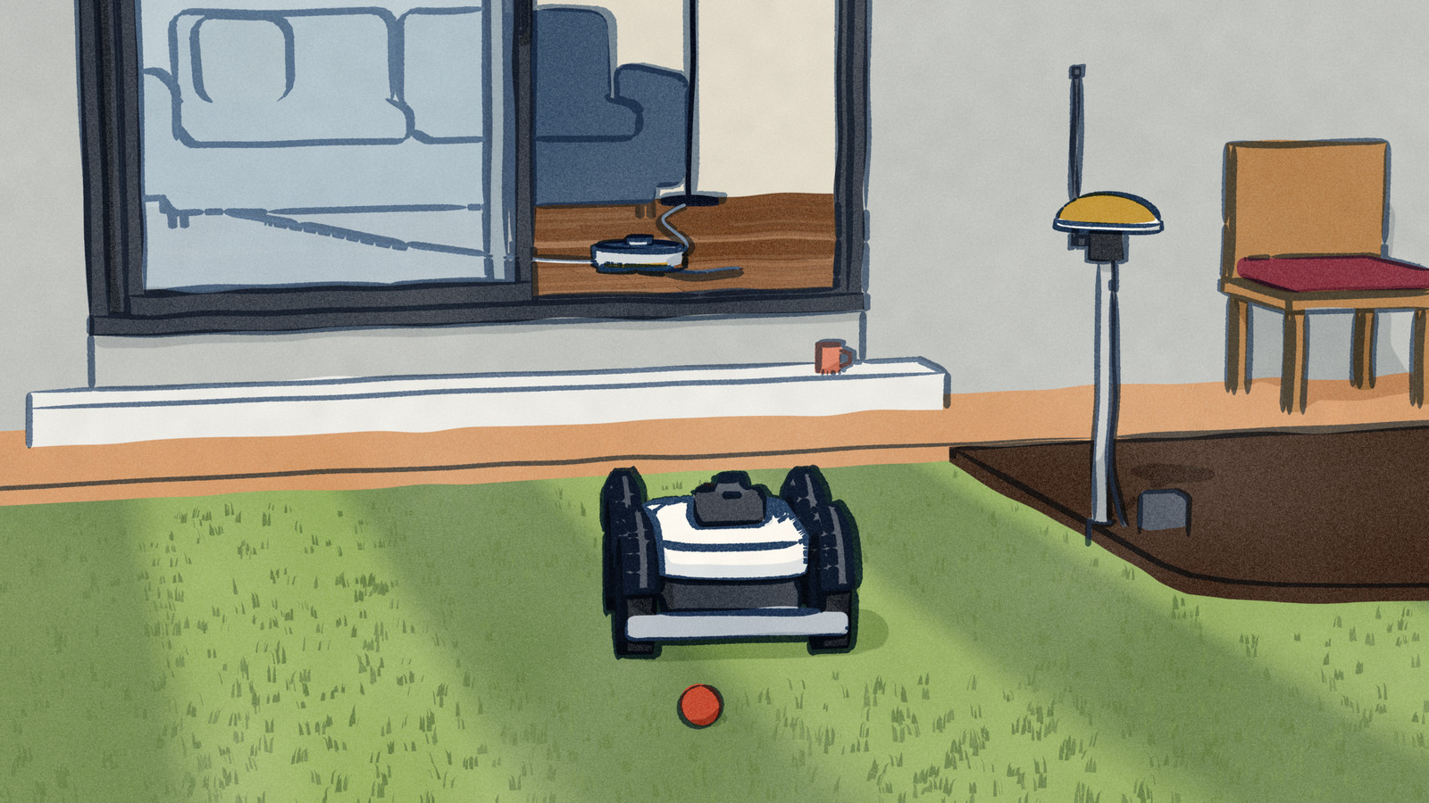 A robot mower cuts neat stripes across a back lawn beside a reference antenna on a pole, while through the open patio door a robot vacuum sits stuck on a lamp cord on the living-room floor.