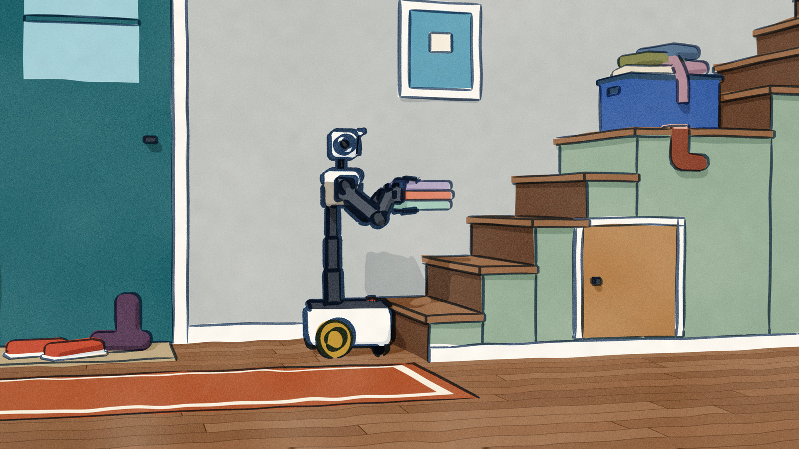 In a front hall the wheeled Nori A3 waits at the foot of the stairs with an armful of folded laundry, while a sock lies on the landing above, up steps it cannot climb.