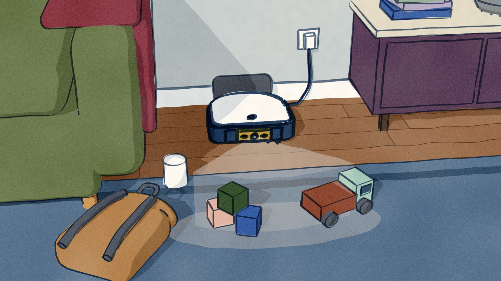 A robot vacuum sits on its charging base against the wall of a family room, and a faint pale fan spreads from its front camera over the rug to a toy truck and blocks, beside a dropped school bag and the sofa.