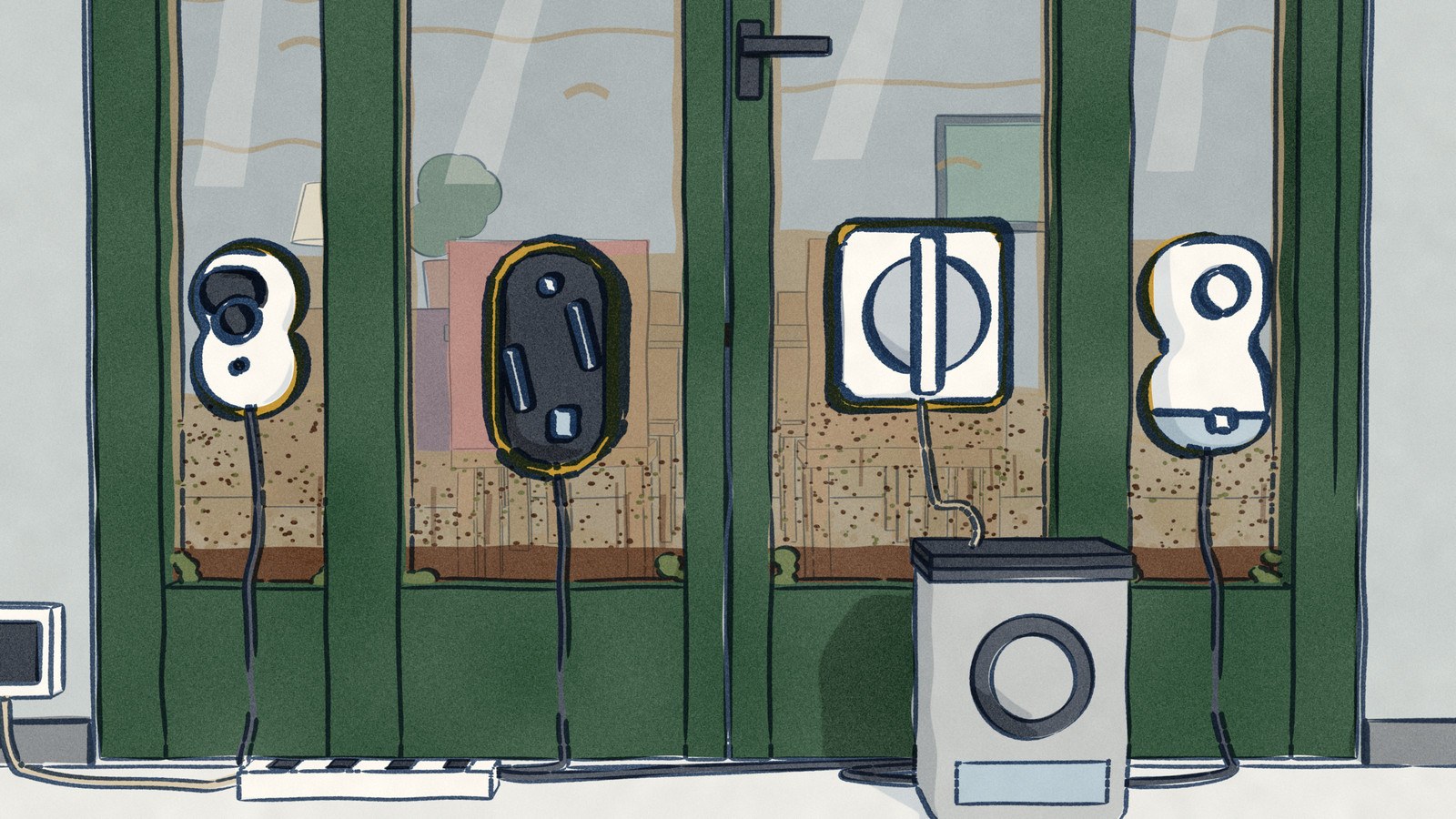 Four window-cleaning robots work down the grimy glass of a pair of French doors and their sidelights; above each one the glass it has done is clearer but still streaked and smeared, and below it the old grime is untouched.