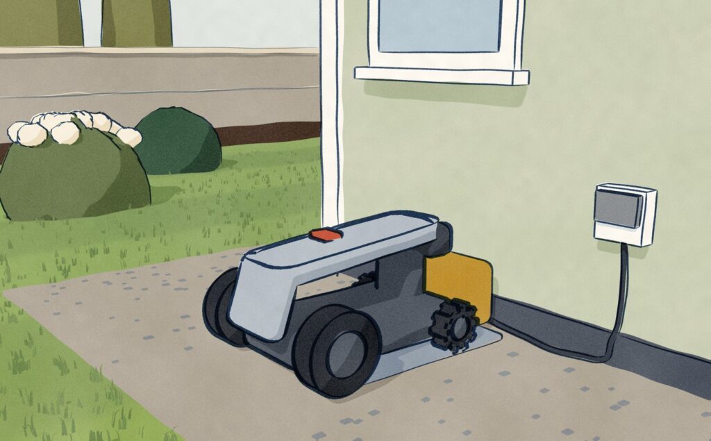 At the corner of a garden shed, an AIRSEEKERS Tron SE robot mower sits docked on its charging station, whose one lead runs from an outdoor socket down the wall and along its foot.