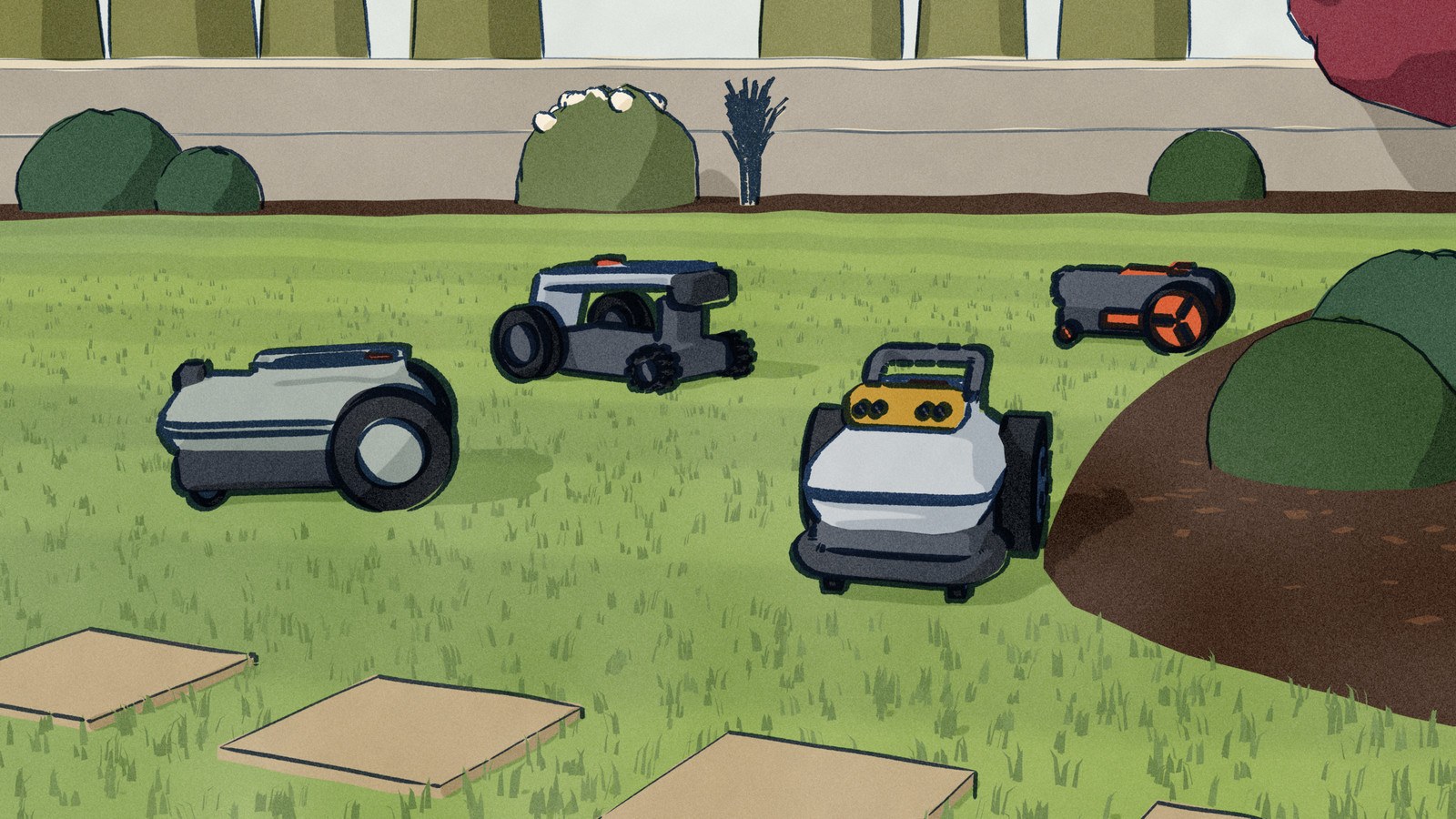 Four robot mowers, a TerraMow V1000, an Ecovacs GOAT GX-600, an AIRSEEKERS Tron SE and a Worx Landroid Vision, mow one back lawn with no boundary wire in the ground, the TerraMow running the edge of a mulch bed.