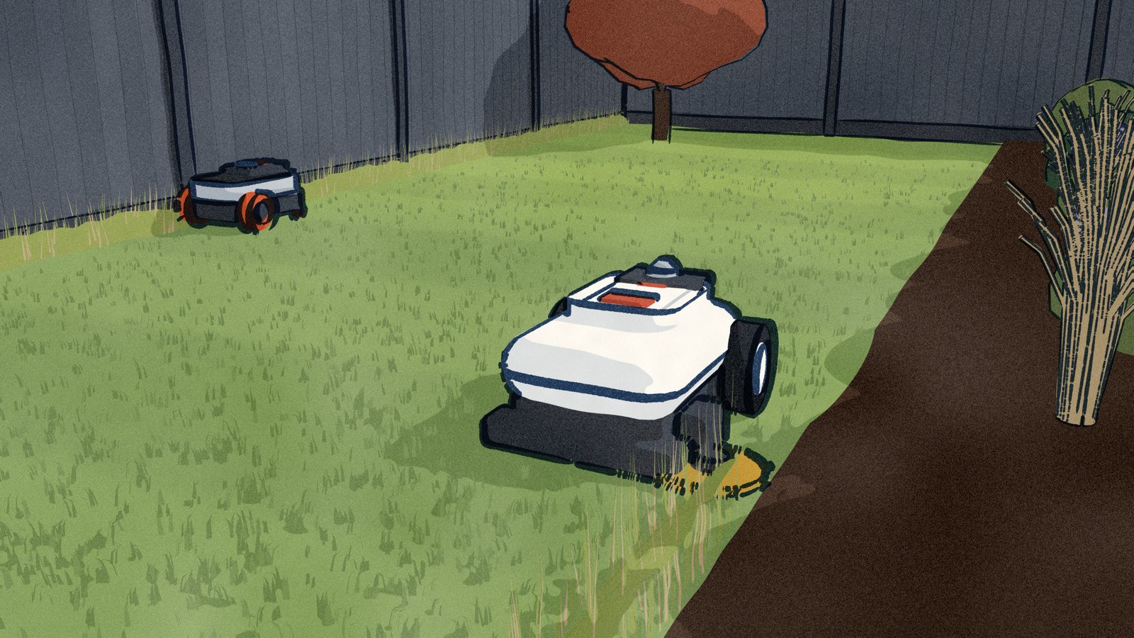 On a back lawn the white Ecovacs GOAT runs along a planted bed with its string trimmer cutting the grass right to the mulch, a fringe of long grass still standing ahead of it, while across the lawn the Segway Navimow works the fence foot and leaves a strip of long grass standing along the boards.