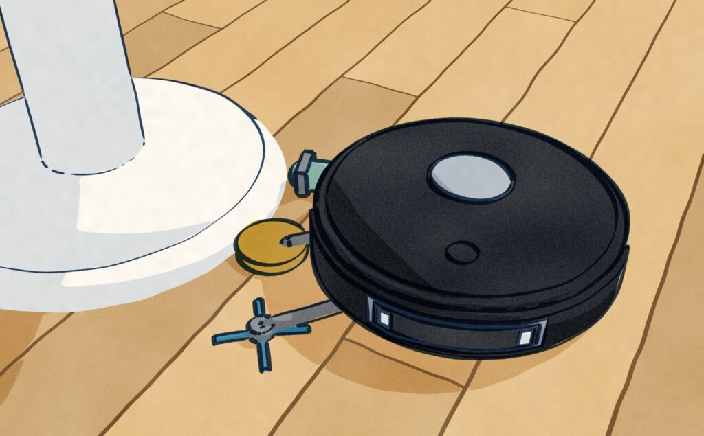 From above, under a dining table: the black Xiaomi 6 Max mops round the round foot of a white pedestal table with its side brush, its roller mop and its gold corner mop pad all swung out to the foot.
