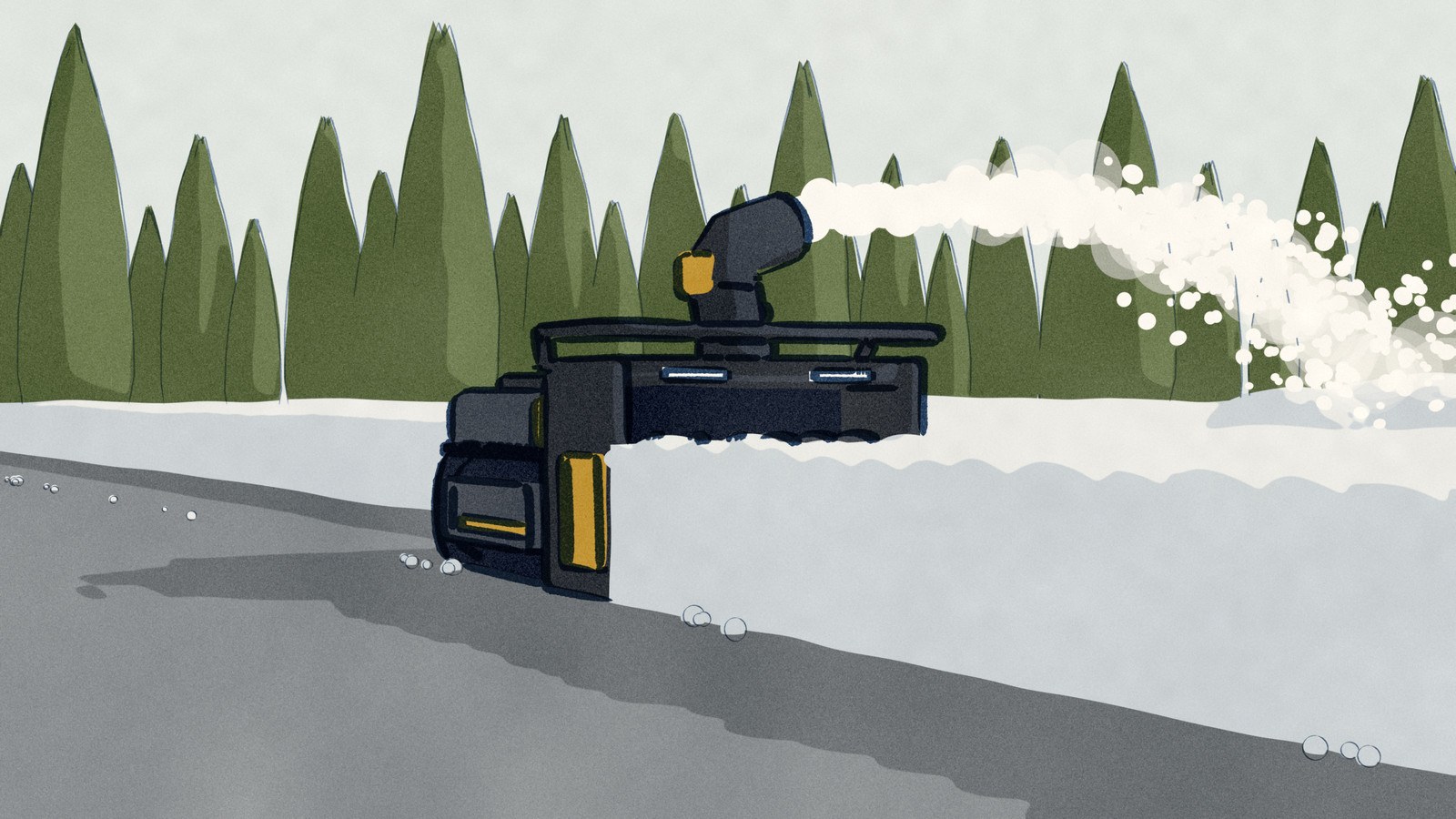 Low on a snowed-in drive the morning after a foot of snow: a black and yellow Yarbo Y40P snow blower cuts its next pass, its intake buried in a snow wall as tall as the intake, its chute throwing a plume over the uncut snow toward a snowed arborvitae screen.