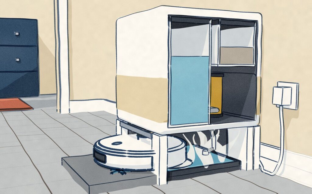 In a hallway, the white Dreame robot sits backed into its white tower dock, its side opened to show the blue clean-water tank, a gold heater and the pipe that carries the hot water down to the wash tray under the robot, where steam rises.
