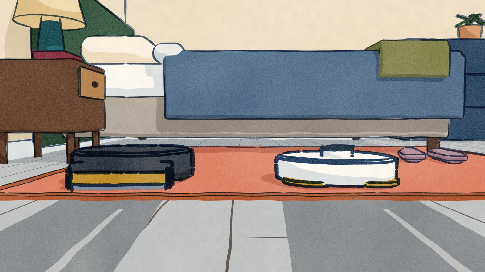 In a bedroom, a black Yeedi and a white Dreame robot have mopped the wooden floor and driven onto the rug at the foot of the bed: the Yeedi carries its roller up in a curved cover, the Dreame holds its two round pads lifted above the pile.