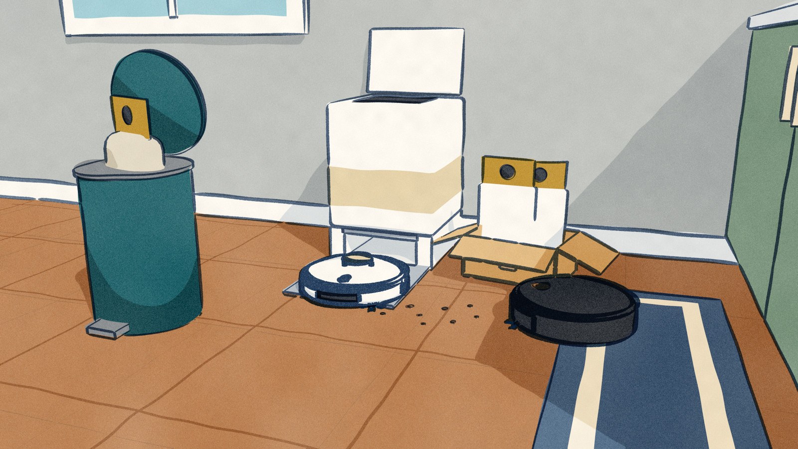 On a kitchen floor the Dreame L60 Ultra PE backs toward its white station, whose lid stands open and whose full dust bag has gone into the pedal bin beside it, a carton of new bags open on the tiles, while the black Yeedi S20 Infinity Ultra vacuums past in the foreground.