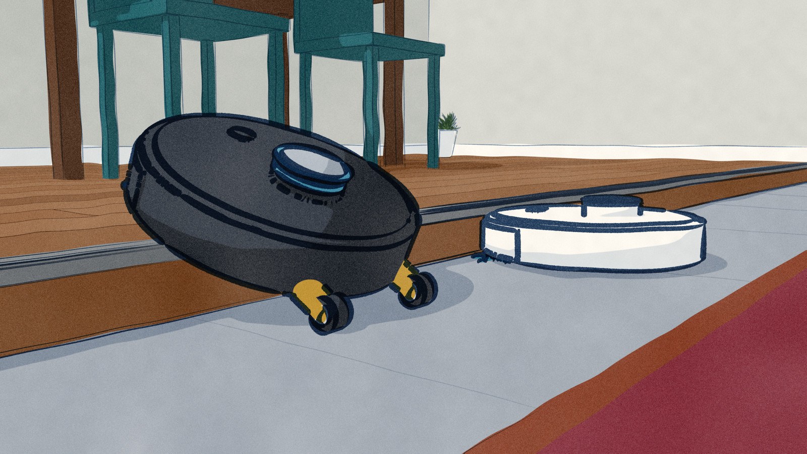 Seen from the floor of a sunken living room: the black Dreame L60 Pro Ultra climbs the step to the dining level on two gold lift legs, while the white Dreame L60 Ultra PE waits with its bumper against the riser.